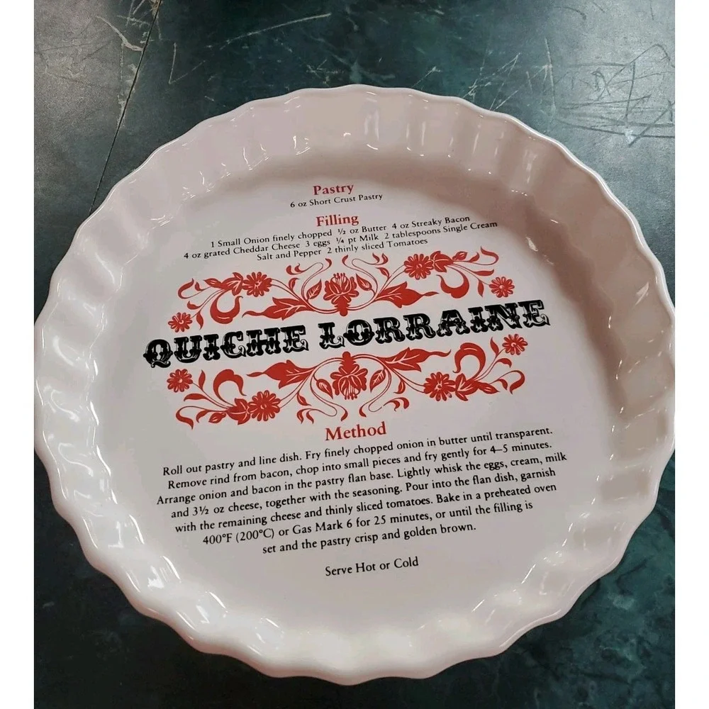 Quiche Lorraine Ceramic Baking Dish with Recipe White RARE VTG Made in England